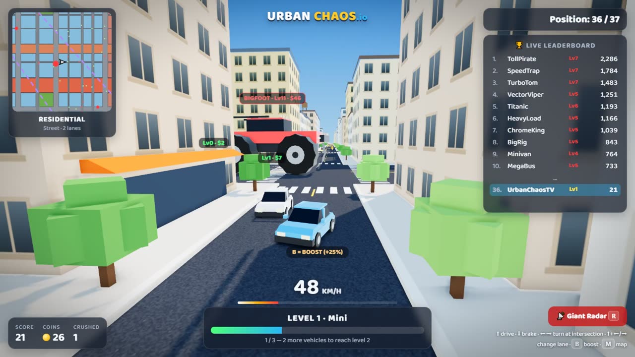 A small level 1 car chased by a BIGFOOT on a city street