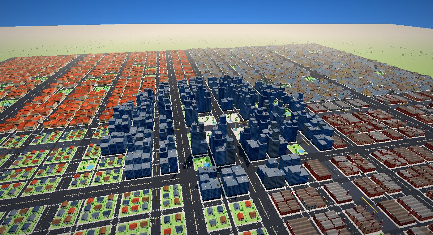 Aerial view of the Urban Chaos .io city with downtown towers, red-roofed old town, suburbs and industrial zone