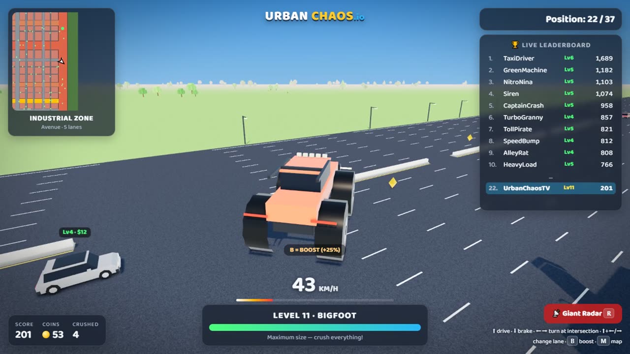 A level 11 BIGFOOT monster truck driving through the suburbs of Urban Chaos .io, with the minimap, live leaderboard and speedometer