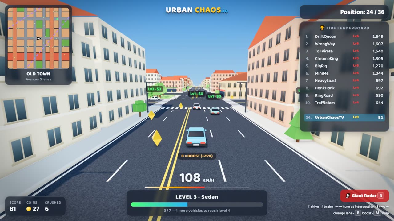 A mid-level vehicle crushing scooters in traffic to level up
