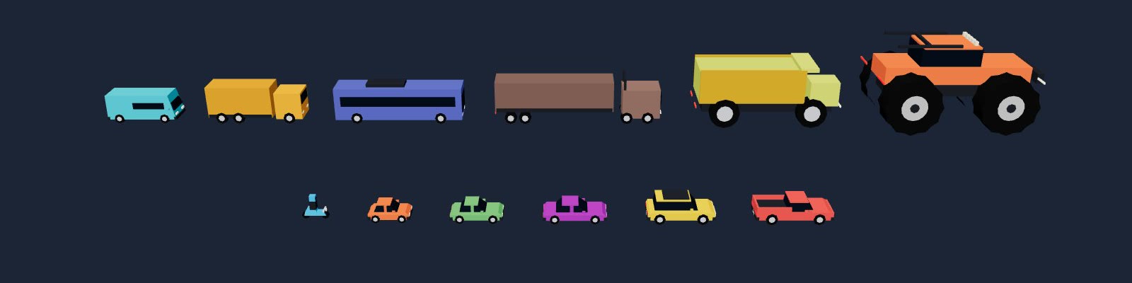 All twelve vehicles of Urban Chaos .io lined up, from the scooter to the BIGFOOT monster truck